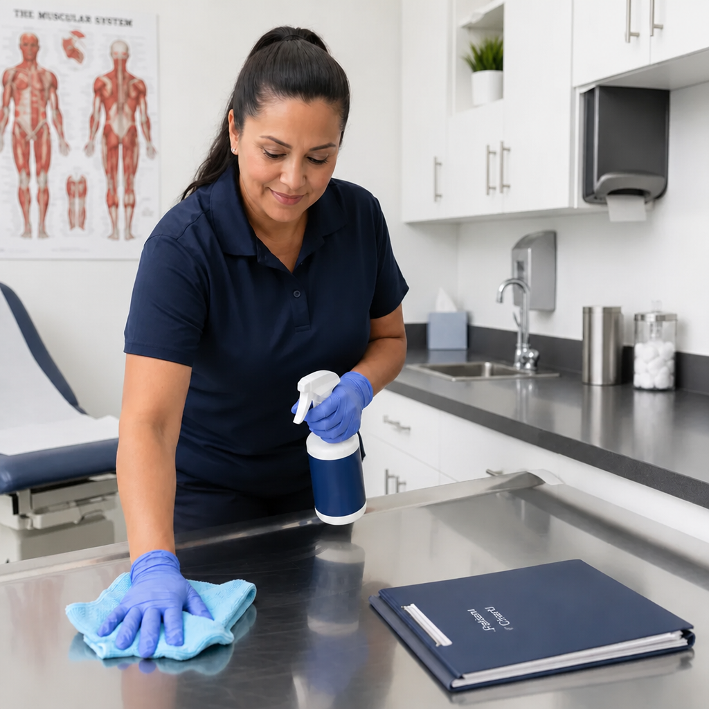 Cleaning technician in gloves disinfecting an exam room counter and stainless steel exam table in a medical office