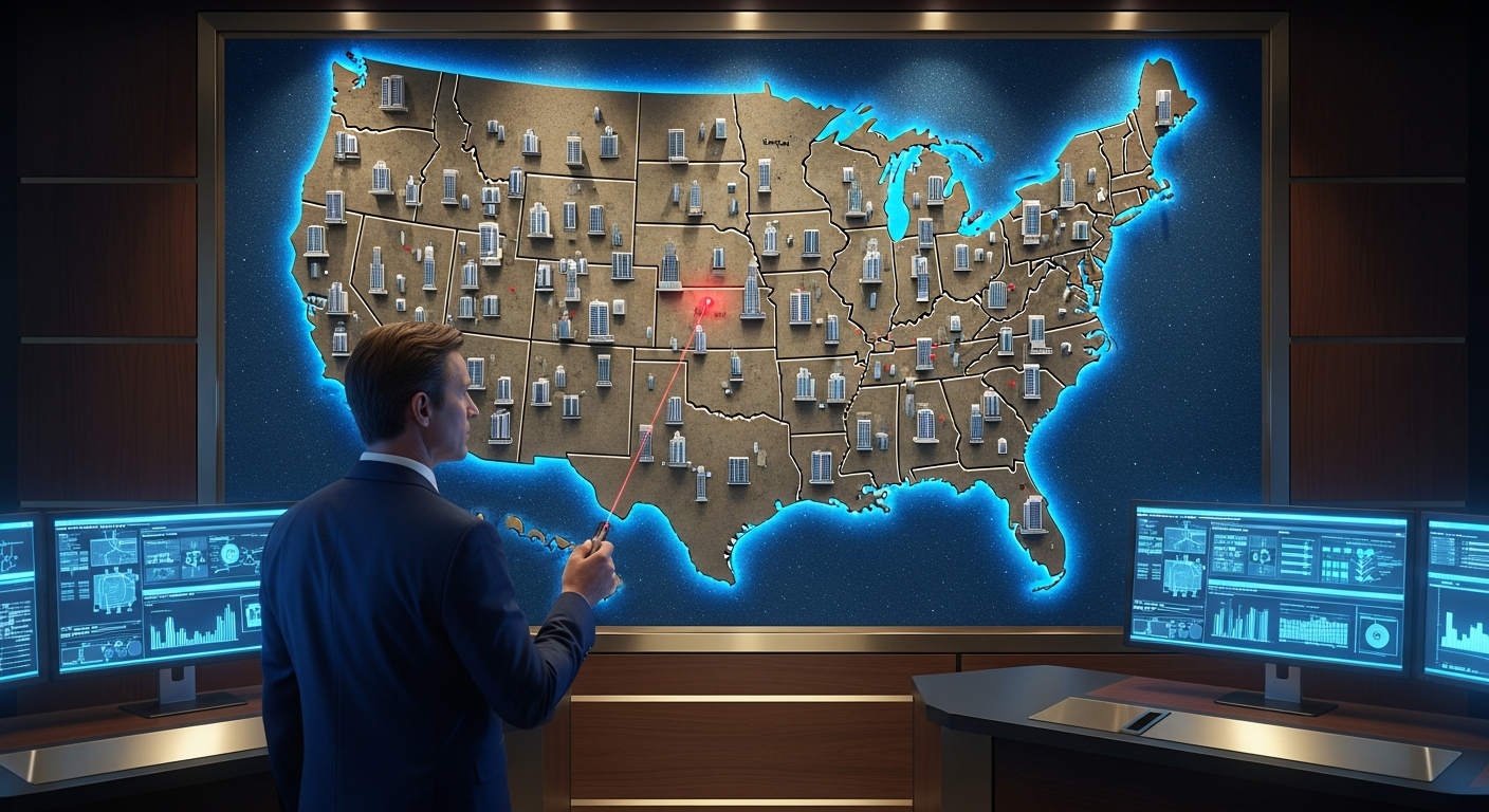 Facility operations manager reviewing a wall map with pinned office locations across multiple states
