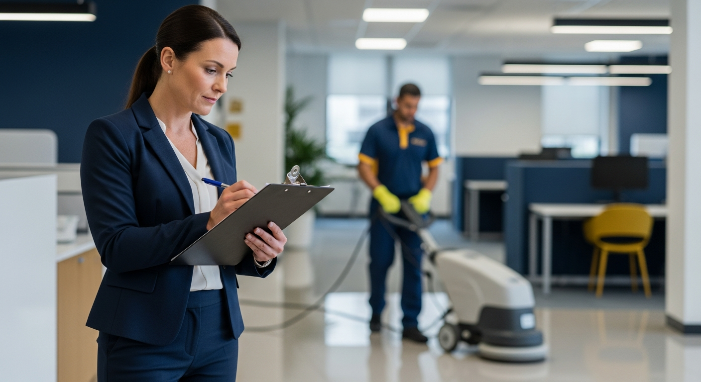 Cleaning site supervisor with a clipboard inspecting a spotless office floor while a uniformed cleaner works nearby