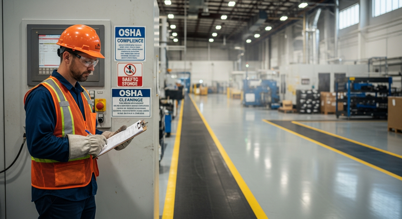 Cleaning worker in safety gear reviewing an OSHA compliance checklist on an industrial plant floor