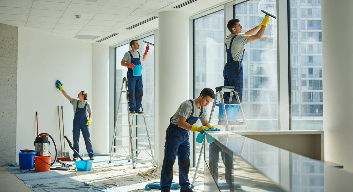 Post-construction cleaning crew wiping down windows and surfaces in a newly built commercial interior