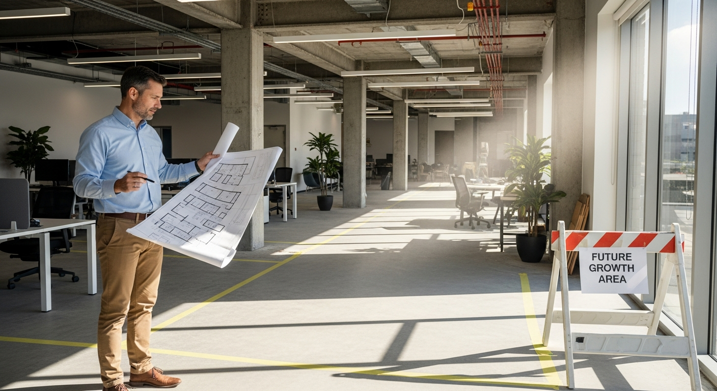 Modern office space under expansion with a facility manager reviewing floor plans, symbolizing business growth