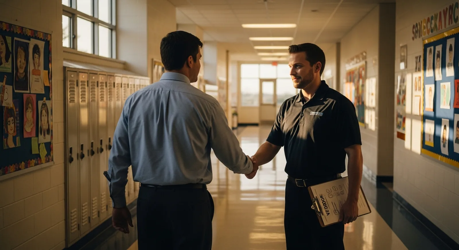 School facilities director reviewing a cleaning vendor checklist in a school hallway