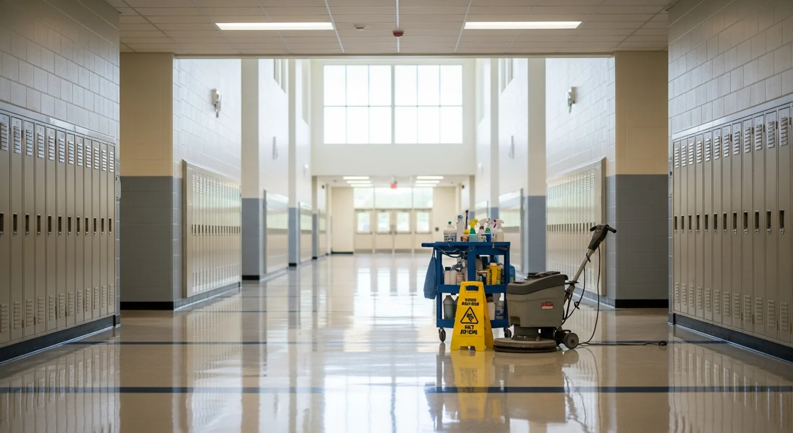 Empty school hallway during summer break with a floor buffer and cleaning cart on freshly waxed floors