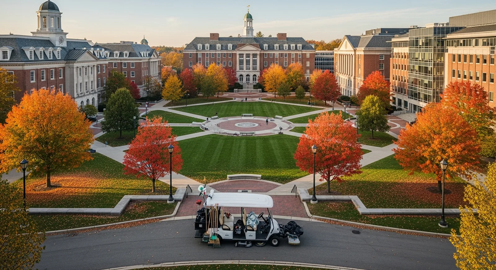 University campus quad with academic buildings and a campus cleaning cart on a walkway