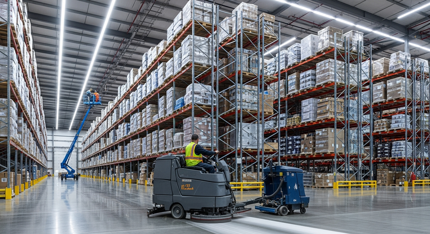 Worker operating a ride-on floor scrubber in a large warehouse aisle with tall storage racking