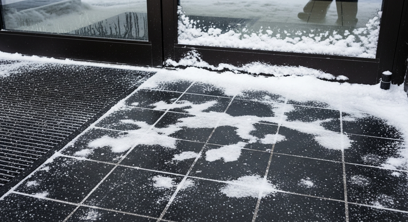 White salt residue and chalky stains near a commercial building entrance in winter